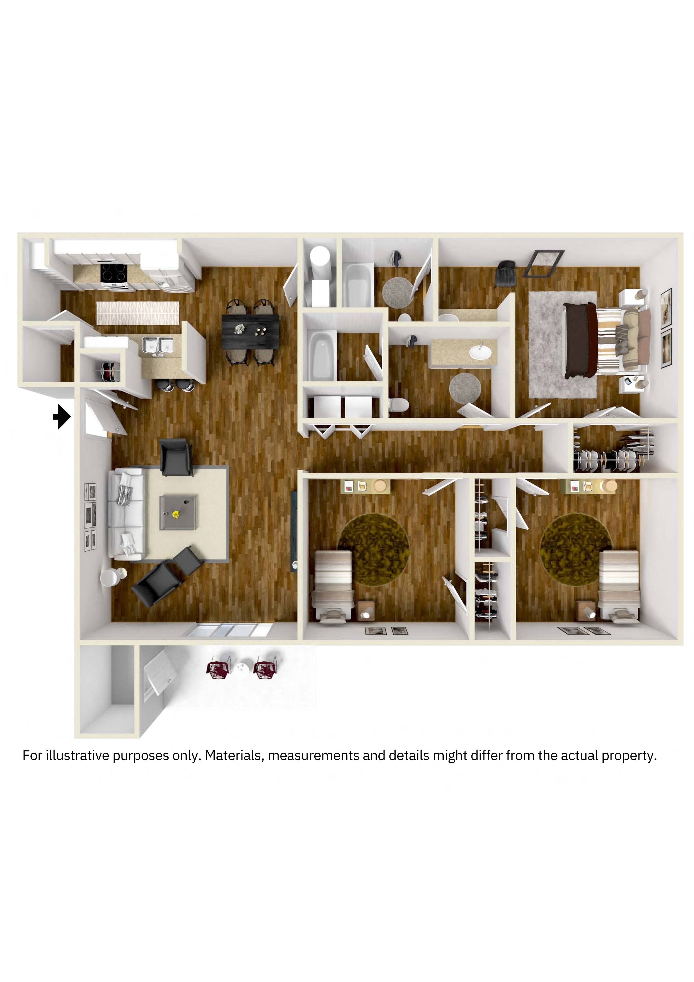 Floor plan for 3 beds, 2 baths, 1432 sqft